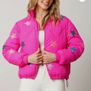 Fantastic Fawn Pink Sequin Star Puff Jacket